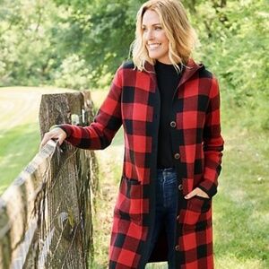 Denim & Co. Hooded Jacquard Sweater Knit Cardigan/Apple Red & Black/L/NEW!